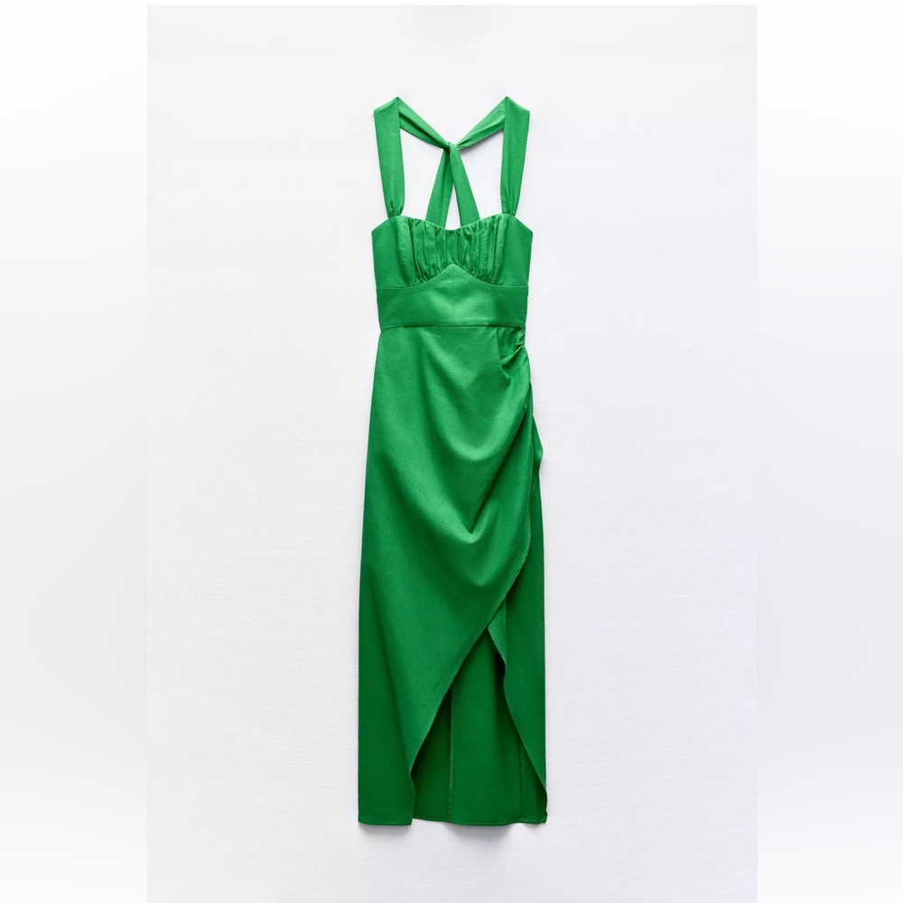 Zara Ruched Linen Green Women's Dress Size Small Worn Once